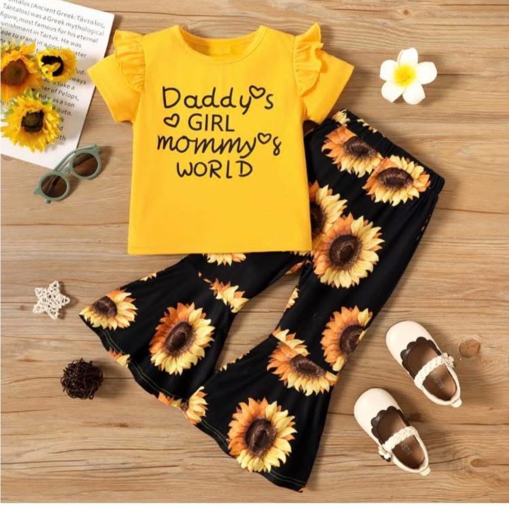Yellow Graphic Tee and Sunflower Pants Set